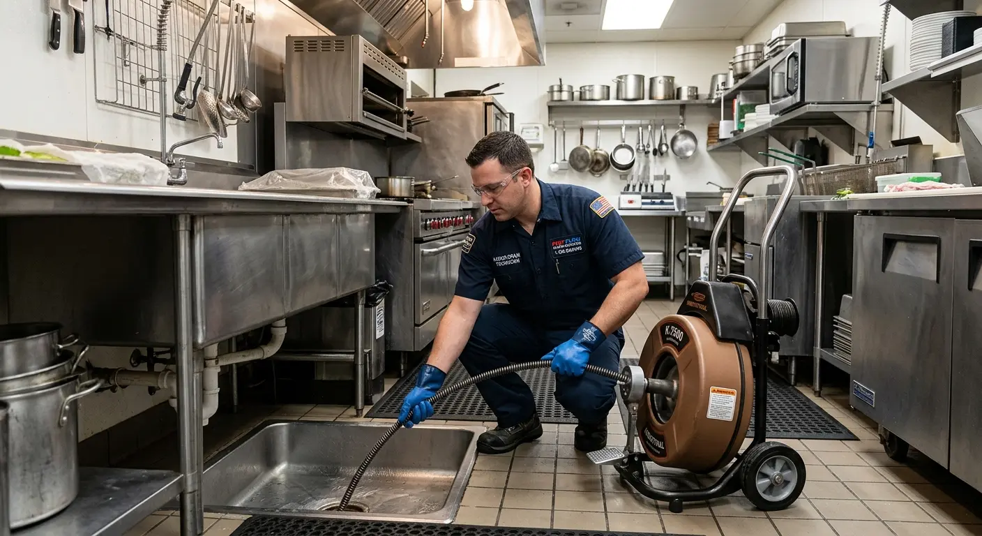 Commercial drain cleaning service in a restaurant kitchen in Logan