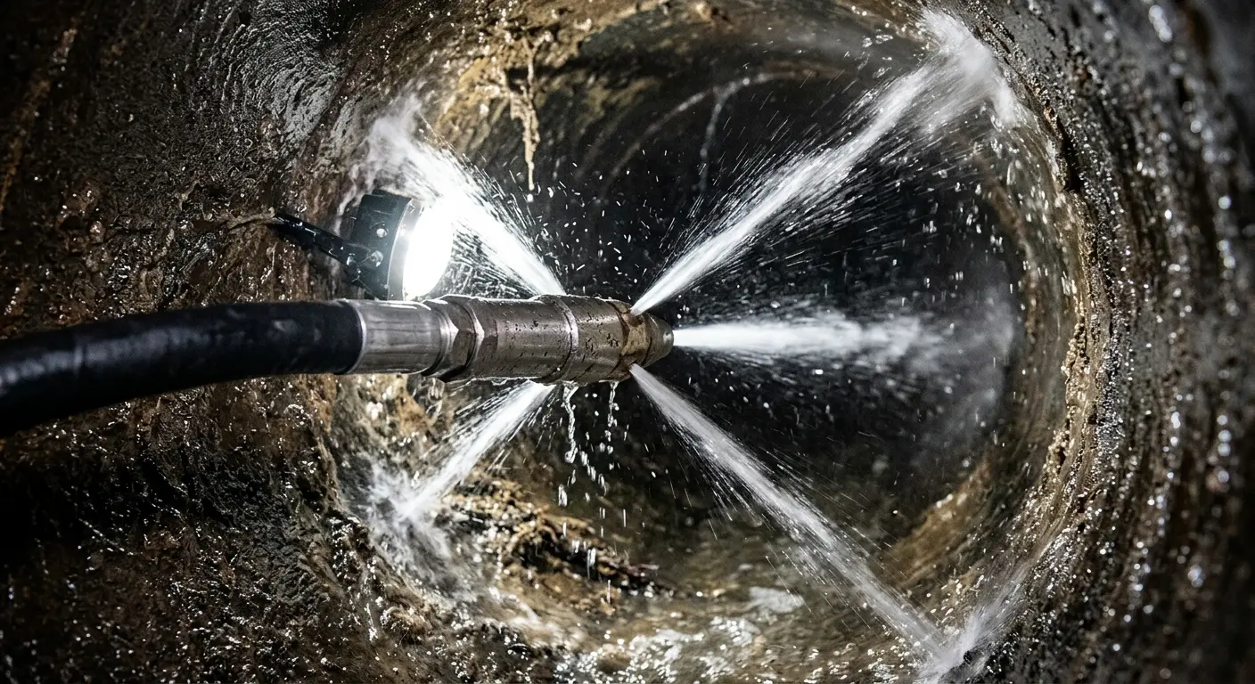 High-pressure hydro jetting nozzle cleaning sewer pipe for Sewer Cleanout in Logan