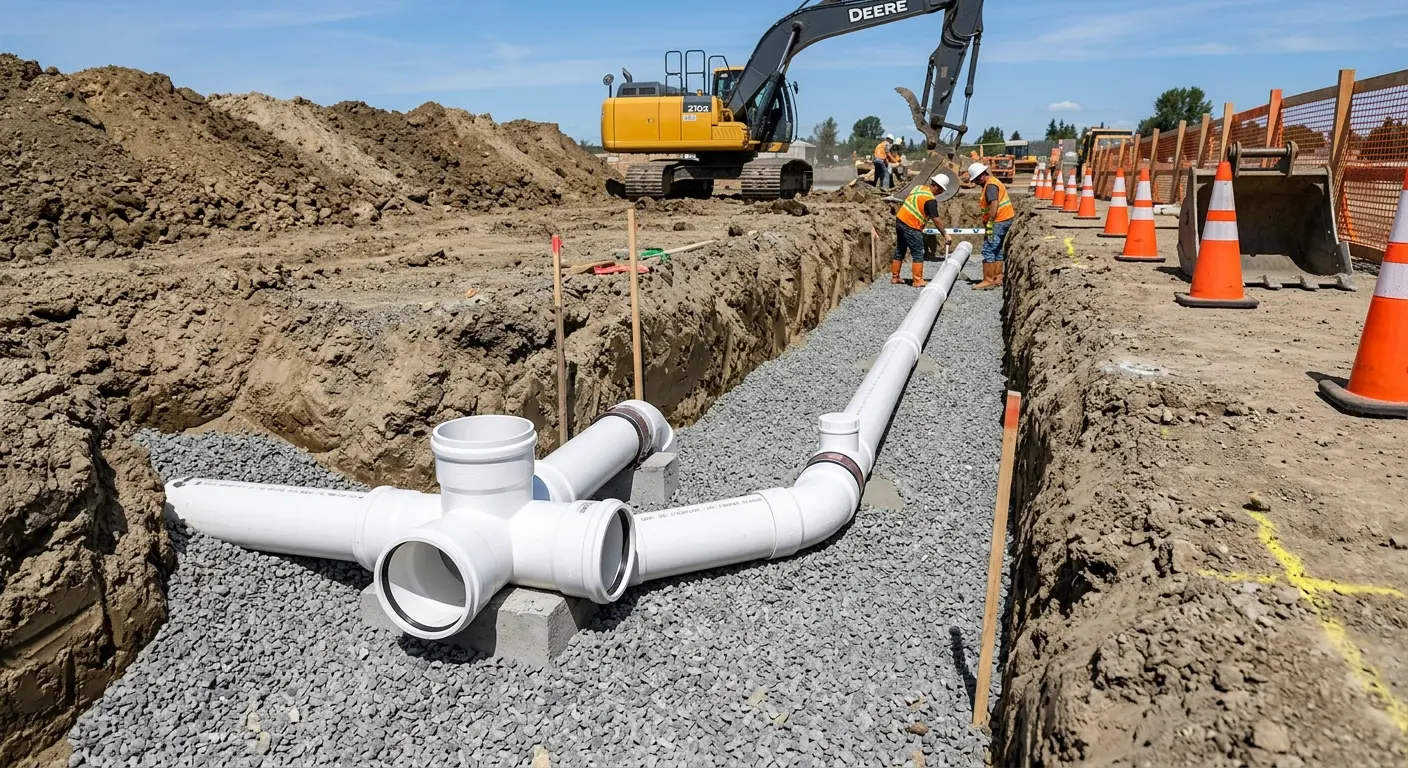 New PVC sewer pipe installation in open trench for Commercial Drain Cleaning in Logan