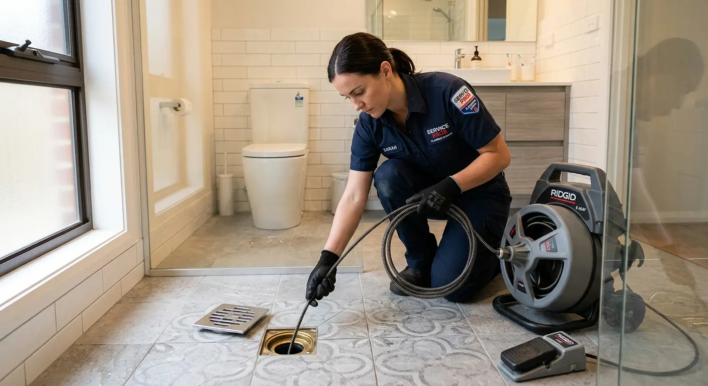 Technician clearing a bathroom floor drain for Drain Cleaning in Logan